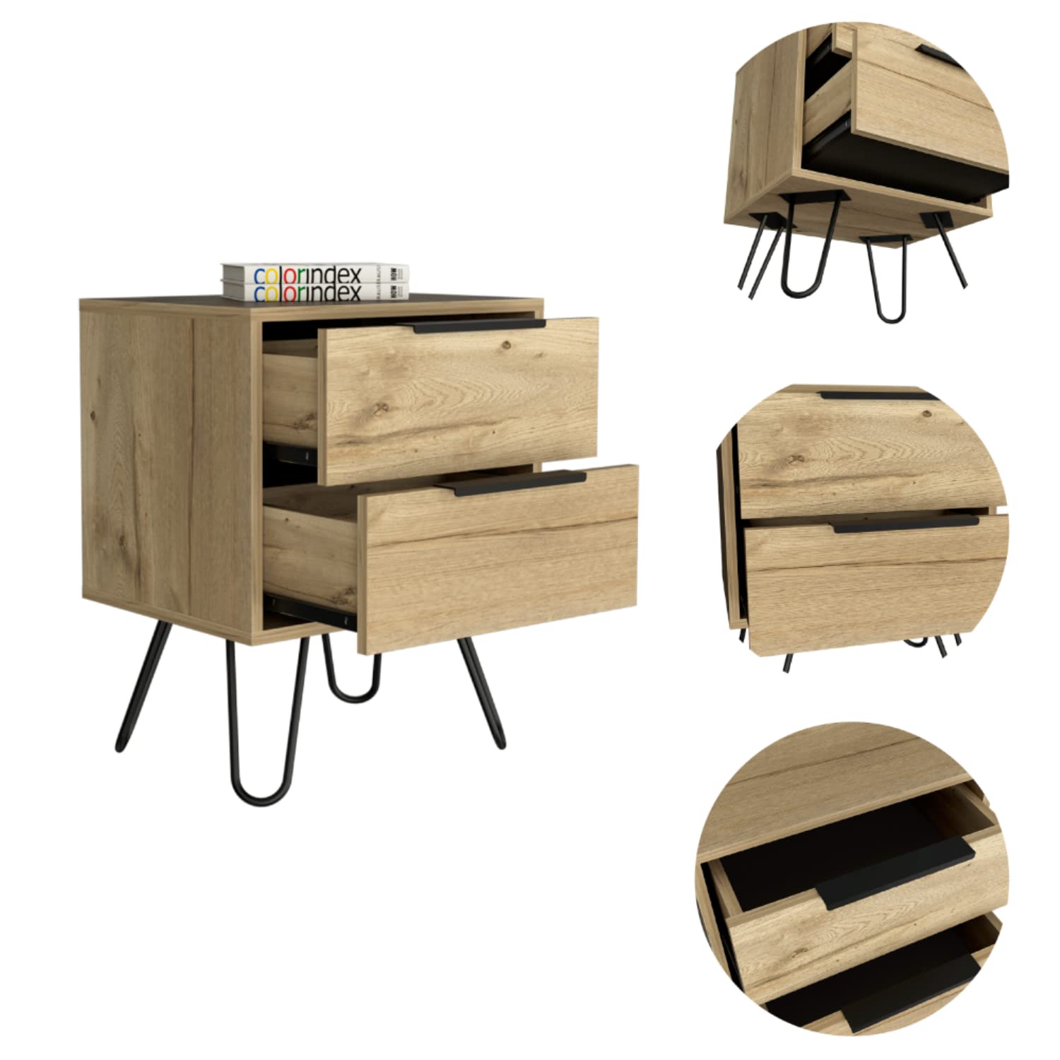 Nightstand 22&Quot; H, 4 Hairpin Legs, 2 Drawers, Light Oak